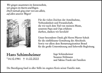 Traueranzeige von Hans Schimsheimer von vrm-trauer Allgemeine Zeitung Alzey