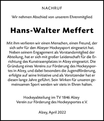 Traueranzeige von Hans-Walter Meffert von vrm-trauer Allgemeine Zeitung Alzey