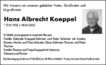 Traueranzeige von Hans Albrecht Koeppel von vrm-trauer Darmstädter Echo