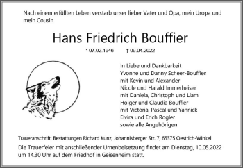 Traueranzeige von Hans Friedrich Bouffier von vrm-trauer Wiesbadener Kurier