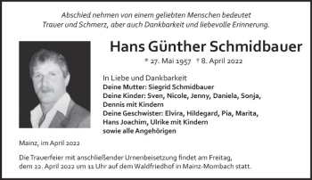 Traueranzeige von Hans Günther Schmidbauer von vrm-trauer AZ Mainz