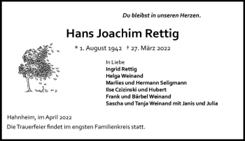 Traueranzeige von Hans Joachim Rettig von vrm-trauer AZ Mainz