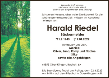 Traueranzeige von Harald Riedel von vrm-trauer Darmstädter Echo