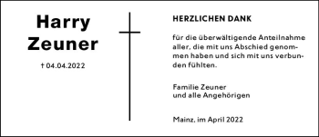 Traueranzeige von Harry Zeuner von vrm-trauer AZ Mainz