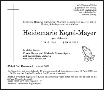 Traueranzeige von Heidemarie Kegel-Mayer von vrm-trauer Allg. Zeitung Bad Kreuznach