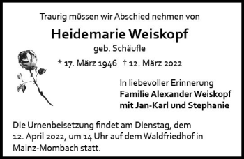 Traueranzeige von Heidemarie Weiskopf von vrm-trauer AZ Mainz