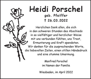 Traueranzeige von Heidi Porschel von vrm-trauer Wiesbadener Kurier