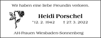 Traueranzeige von Heidi Porschel von vrm-trauer Wiesbadener Kurier