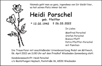 Traueranzeige von Heidi Porschel von vrm-trauer Wiesbadener Kurier