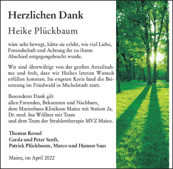 Traueranzeige von Heike Plückbaum von vrm-trauer AZ Mainz