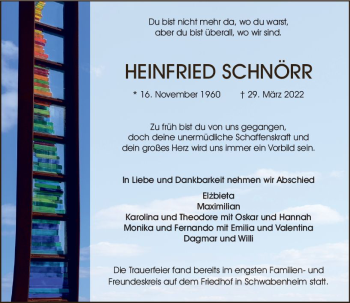 Traueranzeige von Heinfried Schnörr von vrm-trauer Allgemeine  Zeitung Ingelheim-Bingen
