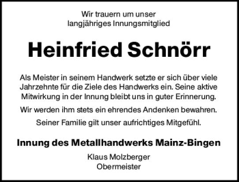 Traueranzeige von Heinfried Schnörr von vrm-trauer Allgemeine  Zeitung Ingelheim-Bingen