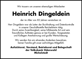 Traueranzeige von Heinrich Dingeldein von vrm-trauer Odenwälder Echo
