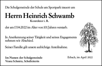 Traueranzeige von Heinrich Schwamb von vrm-trauer Odenwälder Echo
