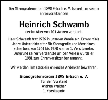 Traueranzeige von Heinrich Schwamb von vrm-trauer Odenwälder Echo