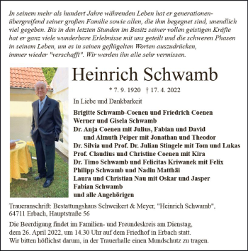 Traueranzeige von Heinrich Schwamb von vrm-trauer Odenwälder Echo