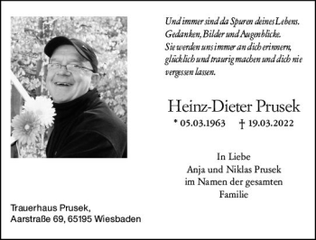 Traueranzeige von Heinz-Dieter Prusek von vrm-trauer Wiesbadener Kurier