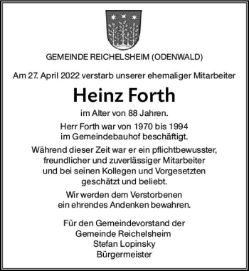 Traueranzeige von Heinz Forth von vrm-trauer Odenwälder Echo