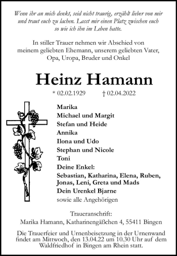 Traueranzeige von Heinz Hamann von vrm-trauer Allgemeine  Zeitung Ingelheim-Bingen