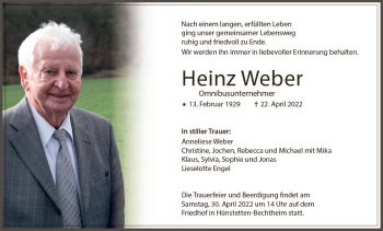 Traueranzeige von Heinz Weber von vrm-trauer Wiesbadener Kurier