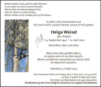 Traueranzeige von Helga Weise von vrm-trauer AZ Mainz