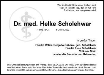 Traueranzeige von Helke Scholehwar von vrm-trauer Idsteiner Zeitung