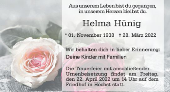 Traueranzeige von Helma Hünig von vrm-trauer Odenwälder Echo