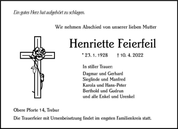 Traueranzeige von Henriette Feierfeil von vrm-trauer Rüsselsheimer Echo / MainSpitze
