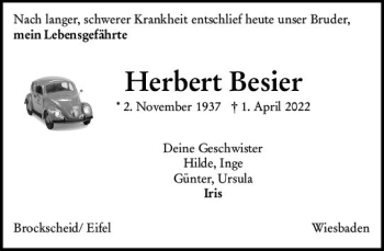 Traueranzeige von Herbert Besier von vrm-trauer Wiesbadener Kurier