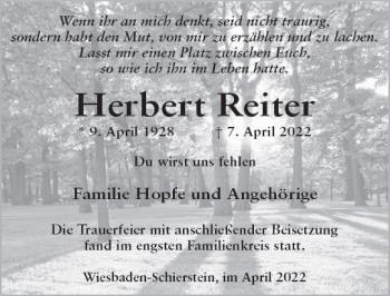 Traueranzeige von Herbert Reiter von vrm-trauer Wiesbadener Kurier
