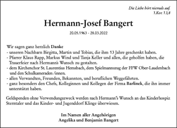 Traueranzeige von Hermann-Josef Bangert von vrm-trauer Bürstädter/Lamperth. Ztg/Starkenburger