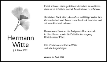 Traueranzeige von Hermann Witte von vrm-trauer Wormser Zeitung