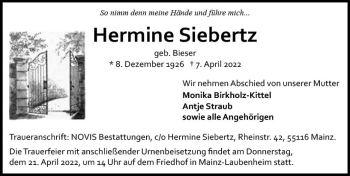 Traueranzeige von Hermine Siebertz von vrm-trauer Allgemeine  Zeitung Ingelheim-Bingen