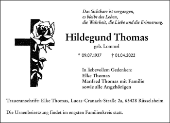 Traueranzeige von Hildegund Thomas von vrm-trauer Rüsselsheimer Echo / MainSpitze