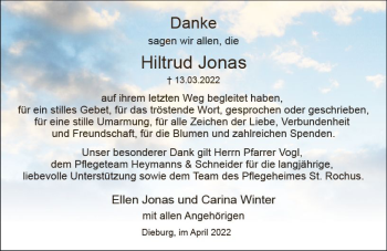 Traueranzeige von Hiltrud Jonas von vrm-trauer DieburgerAnzeiger/Groß-Zimmerner Lokala