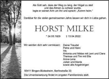 Traueranzeige von Horst Milke von vrm-trauer Allgemeine  Zeitung Ingelheim-Bingen