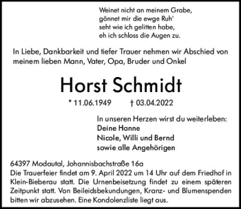 Traueranzeige von Horst Schmidt von vrm-trauer Darmstädter Echo