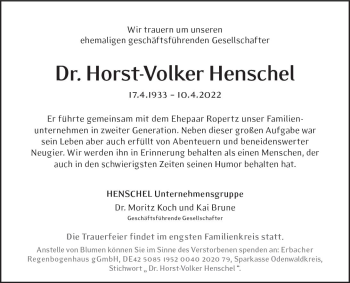 Traueranzeige von Horst-Volker Henschel von vrm-trauer Darmstädter Echo