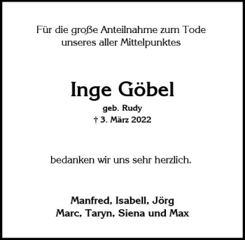 Traueranzeige von Inge Göbel von vrm-trauer Wiesbadener Kurier
