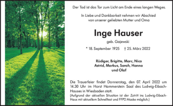Traueranzeige von Inge Hauser von vrm-trauer Wiesbadener Kurier