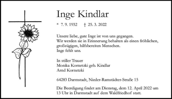 Traueranzeige von Inge Kindlar von vrm-trauer Darmstädter Echo