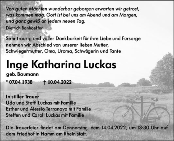 Traueranzeige von Inge Katharina Luckas von vrm-trauer Wormser Zeitung