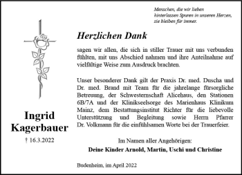 Traueranzeige von Ingrid Kagerbauer von vrm-trauer AZ Mainz