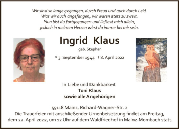Traueranzeige von Ingrid Klaus von vrm-trauer AZ Mainz