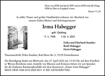 Traueranzeige von Irma Habegger von vrm-trauer Wormser Zeitung