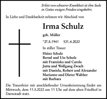 Traueranzeige von Irma Schulz von vrm-trauer Darmstädter Echo