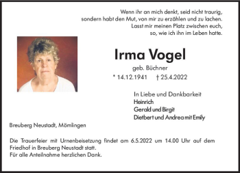 Traueranzeige von Irma Vogel von vrm-trauer Odenwälder Echo