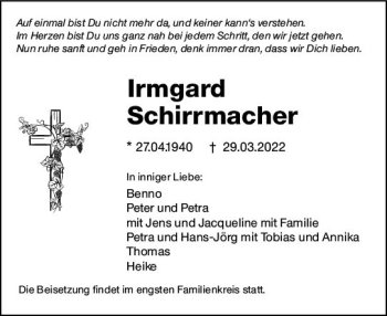 Traueranzeige von Irmgard Schirrmacher von vrm-trauer Rüsselsheimer Echo / MainSpitze