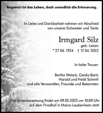 Traueranzeige von Irmgard Silz von vrm-trauer AZ Mainz