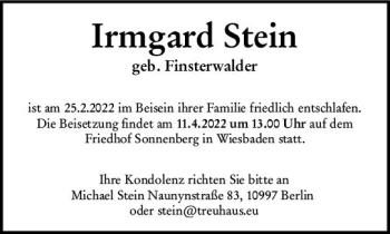 Traueranzeige von Irmgard Stein von vrm-trauer Wiesbadener Kurier